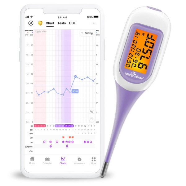 Easy@Home Smart Basal Thermometer, Large Screen and Backlit, Period Tracker with Premom (iOS & Android) - Auto BBT Sync, Charting, Coverline, Accurate Fertility Prediction EBT-300 Purple