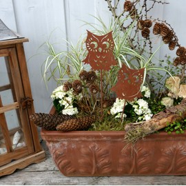 Flower Bed Stakes, Rust Decoration, Owl, Set of 2, Pot Stakes in Patina, Garden Decoration