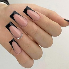 24pcs French Tip False Nails,Press On Nails Black,Black French Tip Na-Ils,Elegant,Black Square Stick On Na-Il,Suitable For Most Sizes,Sturdy,Durable,Reusable,For Women And Girls(With Jelly Gelatin)