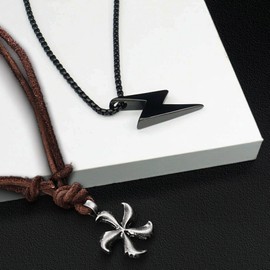 JSEA Stainless Steel Black Gold Silver Tone Lightning Bolt Pendant Necklace for Women Men with Popcorn Chain(B)