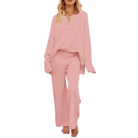 MEROKEETY Women's Two Piece Outfits Sweater Set Long Sleeve Knit Pullover Top and Pants Loungewear Sets Pink Large