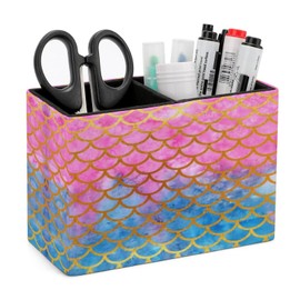 Quteprint Pen Holder, Pencil Holder for Desk Organizer, Mermaid Watercolor Fish Scales PU Leather Pencil Cups Desktop Stationery Storage Makeup Brush Holder Pen Organizer for Office Home