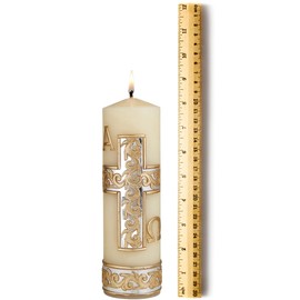 Tree of Life Alpha and Omega Pillar Candle for Christening, Holy Week, and Baptisms, Hand Decorated Catholic Candles Altar Decor for Church, 8 Inches