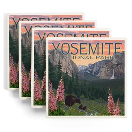 Yosemite National Park, California, Bear and Cubs with Flowers (Absorbent Ceramic Coasters Set of 4 Matching Images, Cork Back, Kitchen Table Decor)
