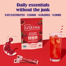 Ultima Replenisher Daily Electrolyte Powder – Cherry Pomegranate, 20 Stickpacks – Zero Sugar Hydration Packets with 6 Electrolytes and Minerals – Sugar Free, Plant Based & Keto Friendly Drink Mix