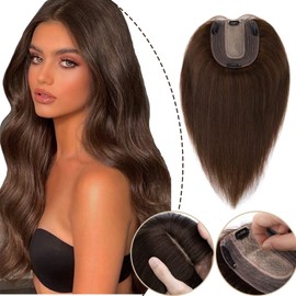 S-noilite Real Human Hair Topper Upgraded Silk Base Clip in Topper 130% Density Middle Part Remy Top Hair Piece for Women with Thinning Hair(12 Inch,#04 Medium Brown)