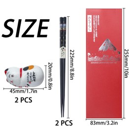 FSWWSF Sushi Chopsticks Set of 2 Pairs Wooden Chopsticks with Cat Ceramic Base in Premium Gift Box Sustainable Japanese Chinese Korean Taiwanese