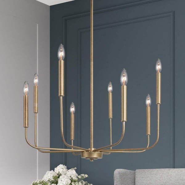 LALUZ Antique Gold Chandelier, Modern Farmhouse Light Fixture for Dining Room, Bedroom, Foyer, Living Room, Kitchen Island, Entryway (Upgraded Version, 2 Types of Height 8 Arms)