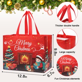 Ceryvop 12Pack Christmas Gift Bags, Reusable large Christmas Tote Bags with Handles, Non-Woven Bulk Christmas Treat Bags for Gift Wrapping, Shopping Xmas Party Supplies, 12.8×9.8×6.7IN