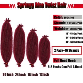 12 Inch Red Pre Fluffed Spring Twist Hair 2 Packs Burgandy Springy Afro Twist Hair Pre-Separated Marley Twist Braiding Hair Synthetic Wrapping Hair For Soft Locs BUG