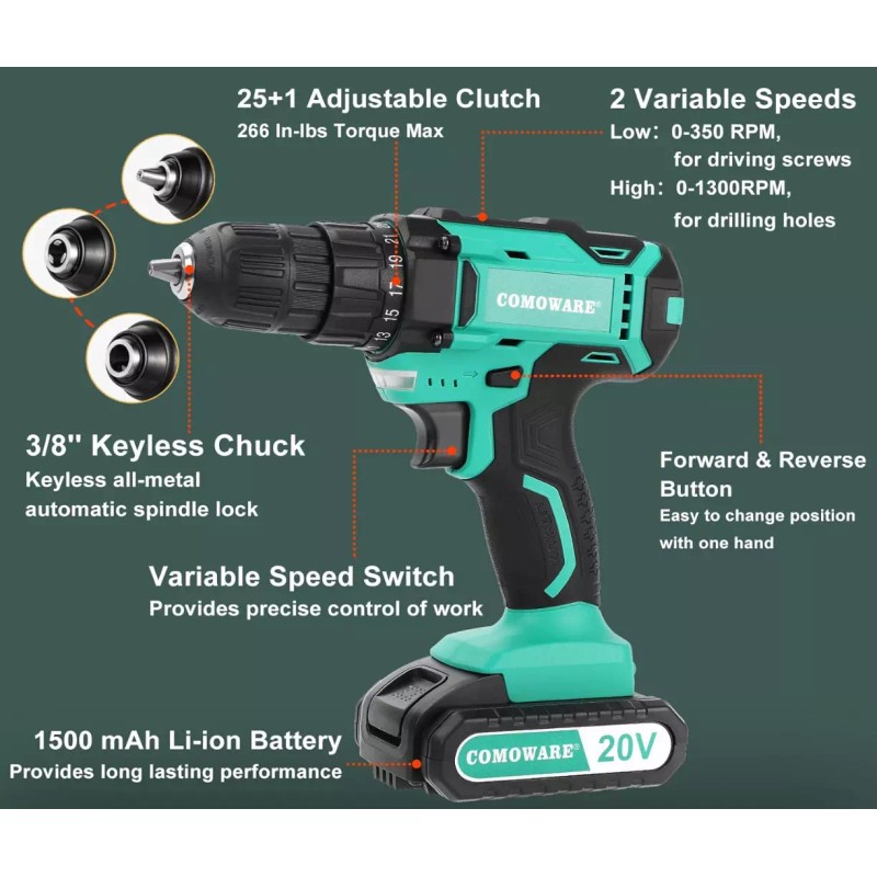 Undisclosed COMOWARE 20V Cordless Drill, Electric Power Drill Set with