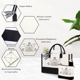 50th Birthday Gifts for Women - Canvas Tote Bag Travel Gear, Unique 50 Years Old Gifts for Wife Sister Mum Aunt Friends Her Turning 50, Vintage 1974 Beach Bag & Cosmetic Bag