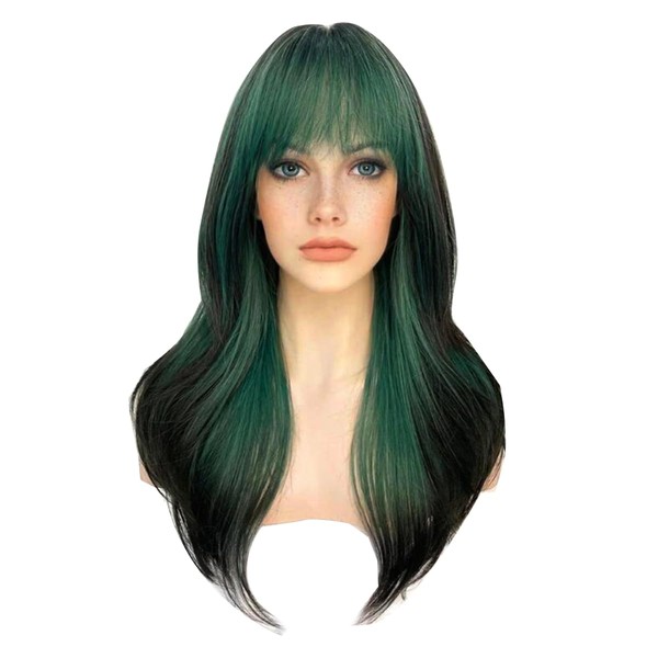 Sallcks Womens Long Layered Green with Black Highlight Wigs with