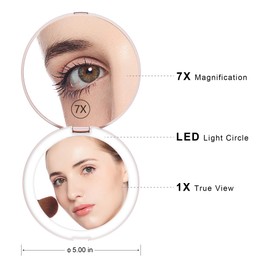 Benbilry Espejo de maquillaje de viaje con luz LED, aumento de 1x/7x, espejo de tocador de doble cara de 5 pulgadas con luces, espejo cosmético compacto iluminado portátil, perfecto para bolso de mano