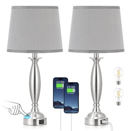 Bedrooms Touch Control Bedside Lamp with USB C+A, 3 Way Dimmable Nightstand Lamps with USB Port, Brushed Nickel Table Lamp for Living Room Guest Room Bed Side End Table, Set of 2