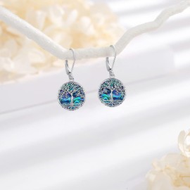 LOOVE Tree of Life Earrings for Women Sterling Silver Leverback Earrings Abalone Shell Earrings Tree Dangle Earrings Family Tree Earrings Tree of Life Jewelry