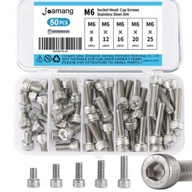 Joamang M6 x 8mm 12mm 16mm 20mm 25mm Socket Head Cap Screws Bolts, Stainless Steel 304, Metric Allen Hex Drive, Bright Finish, Fully Threaded, Assortment Kit 50PCS