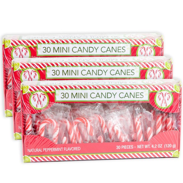 Candy Cane Peppermint Flavored | 30 Mini Candy Canes in Each Box - Net 4.2 Oz Pack of 3 - 90 Total Count | Individually Wrapped | Great For Snaking In Drinks Dessert Christmas Tree & Holiday Decor
