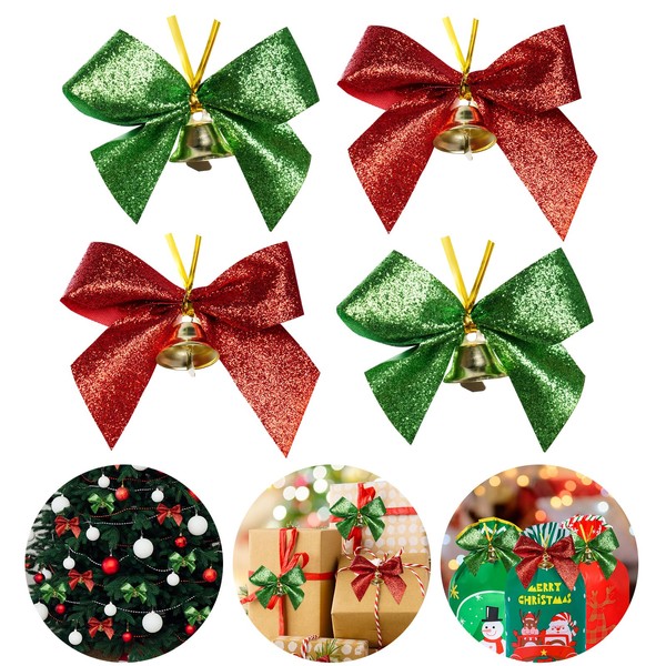24 Pieces Christmas Tree Bows with Bells 3.5 Inch Small