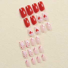 SINHOT Pink Press on Nails Medium Square Fake Nails Glossy Glue on Nails Valentines Day Squoval Nails Whtie Flowers Acrylic Nails Cute Heart Arificial Nails Stick on False Nails with Design 24 pcs