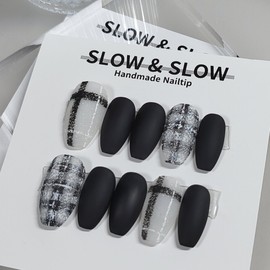 [Sl&Sl Nail Tip] Black check nail - Stiletto / [슬앤슬네일팁] 블랙체크네일 - 스틸레토