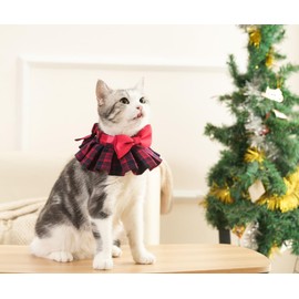 Lovelyshop pet Serial Red Plaid Cotton Blend Lux Dog/Cat Collar Scarf with Bowtie for Chirstmas Valentine Holiday Pet Costume-X Small Size