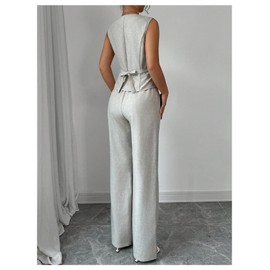 SOLY HUX Women's 2 Piece Outfits V Neck Button Down Vest Tops and High Waisted Pants Set Office Work Suit Pure Apricot X-Large