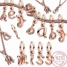 BEEUVIP Rose Gold 925 Sterling Silver Alphabet Letter Charm Bead For Bracelets Compatible With European Bracelets, Silver, Cubic Zirconia