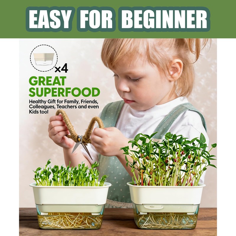 QISHENG - 4 Pack Microgreens Grow Kit,Soil-Free Cultivation Germination Tray,BPA-Free