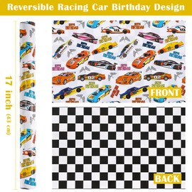 WRAPAHOLIC Reversible Racing Car Wrapping Paper - Mini Roll - 17 Inch x 33 Feet - Checkered Flag Happy Birthday Wrapping Paper for Kids Boys Birthday, Baby Shower