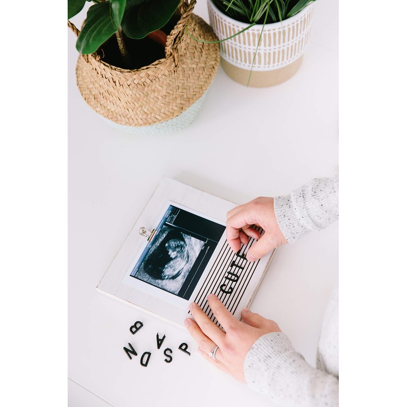 Pearhead Classic Wooden Letterboard, Sonogram Photo Frame, Baby Keepsake Clip