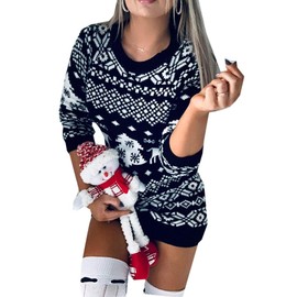 Loalirando Christmas Knitted Dress for Women Long Sleeve Round Neck Pullover Long Sweater Deer Snowflakes Print, black