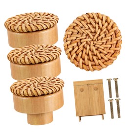 Outanaya 4pcs Boho Drawer Knobs Woven Rattan and Wooden Dresser Pulls Elegant Design for Cabinets and Furniture Easy Installation with Strong Materials