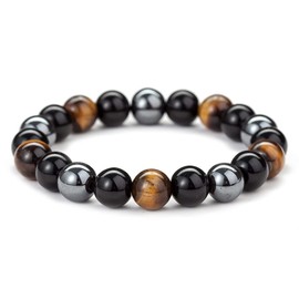 Qiwenr Obsidian Hematite Bracelet,Triple Protection Bracelet,Tiger Eye Bracelet,Elastic Crystal Bracelet,Natural Stone Bracelet,Gifts for Men and Women,Bring Good Luck and Prosperity(8mm) (black)