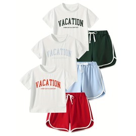 Jolyshlid Girls 6 Pieces Summer Outfits Casual Short Sleeve Tee Tops and Dolphin Shorts Set GreenRedBlue 9-10Y