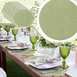 Breling 6 Pcs Sage Green Wedding Placemats Scalloped Embroidered Cotton Linen Placemats 17" x 13" Double Layered Machine Washable Table Place Mat for Party Table Decor (Cotton)