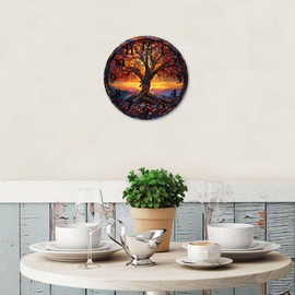 10 Inch Tree of Life Stained Glass Wall Clock Rustic Gold Tree Branches of Nature Silent Non Ticking Clocks Wooden Round Easy to Read Wall Clock Home Decoration for Living Room Church Nursery