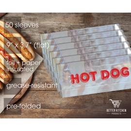 Better Kitchen Products Foil Hot Dog Wrappers, 9" x 3.7", Insulated Grease Resistant Hot Bag Sleeves, Disposable Foil Paper Hot Dog Bags (50 Pack)