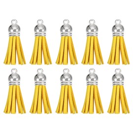 HARFINGTON 30Pcs 1.5 Inch Leather Tassels Keychain Charm with Silver Cap for Pendant Bracelet Jewelry Making DIY Craft Decoration, Yellow
