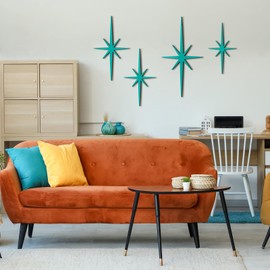 Blulu 4 Pcs Cast Iron Starburst Wall Decor Mid Century Modern Decor Retro 8 Pointed Atomic Stars Metal Wall Art Elegance Accents Easy Install Finish Hangings for Home Office Room(Mint)