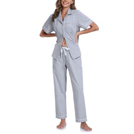 CF Womens 100% Cotton Pajamas Set Button Down Pjs Sets Short Sleeve Top & Pants Sleepwear Comfy Loungewear with Pockets(Grey,S)