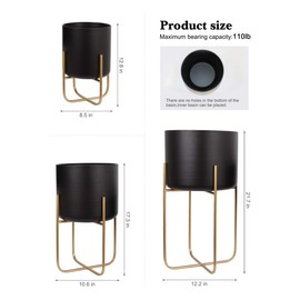 Sinolodo Large Floor Standing Planters with Metal Stand Pack of 3, Extra Large Plant Pot Container, Black and Gold Tree Planter Flower Pots and Stands(Black)
