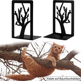 Qualsen Pack of 2 Metal Black Bookends, Trees and Cat Bookends, Bookends with Non-Slip, Decorative Bookends, Bookends for School, Home, Office, School Supplies