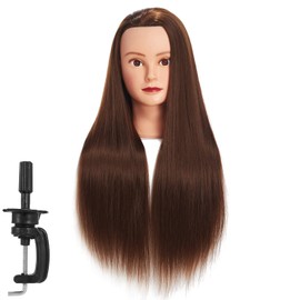 26"-28" Mannequin Head Hair Styling Training Head Manikin Cosmetology Doll Head Synthetic Fiber Hair Hairdressing training model with free clamp (Golden Brown)