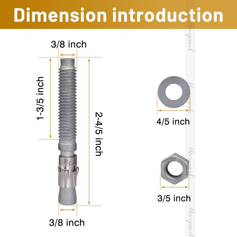 Horiznext 3/8 Concrete Anchors, Galvanized Carbon Steel Wedge Anchors with