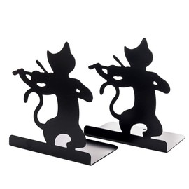 Hillento Non-Skid Bookends, Lazy Cat Playing Music Non Skid Thickening Iron Library School Office Home Study Metal Bookends, 1 Pair, Violin