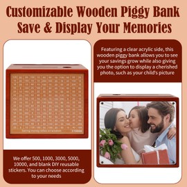 10000 Savings Challenge Box with Photo Display, Customizable Wooden Piggy Bank for Adults Kids, Money Saving Box for Boys and Girls, Funny Cash Vault Coin Bank, Alcancias de Dinero para Adultos