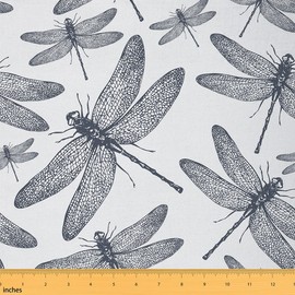 Feelyou Dragonfly Outdoor Fabric by The Yard, Natual Animal Upholstery Fabric for Chairs, Open Wings Beauty of Nature Decorative Fabric for Home DIY Projects, 1 Yard, Black White