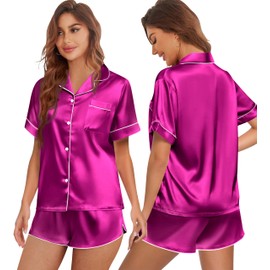 Ekouaer Womens Silk Satin Pajamas Set Short Sleeve Sleepwear Button Down Top and Shorts Loungewear 2 Piece Pjs Set Hot Pink Large