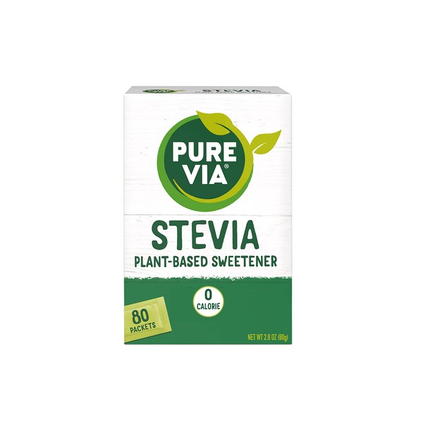 PURE VIA Stevia Sweetener Packets, Sugar Substitute, Natural Sweetener, Erythritol Free, Zero Calorie Natural Sweetener Packets, 80-Count (Pack of 12)